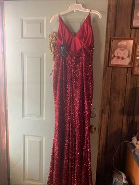 Red Sequin V-Neck Evening Gown